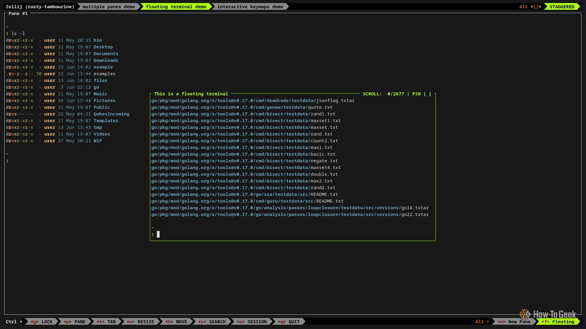 Cửa sổ terminal Zellij hiển thị một terminal nổi (floating terminal) nhỏ gọn ở trung tâm, phục vụ các tác vụ nhanh.