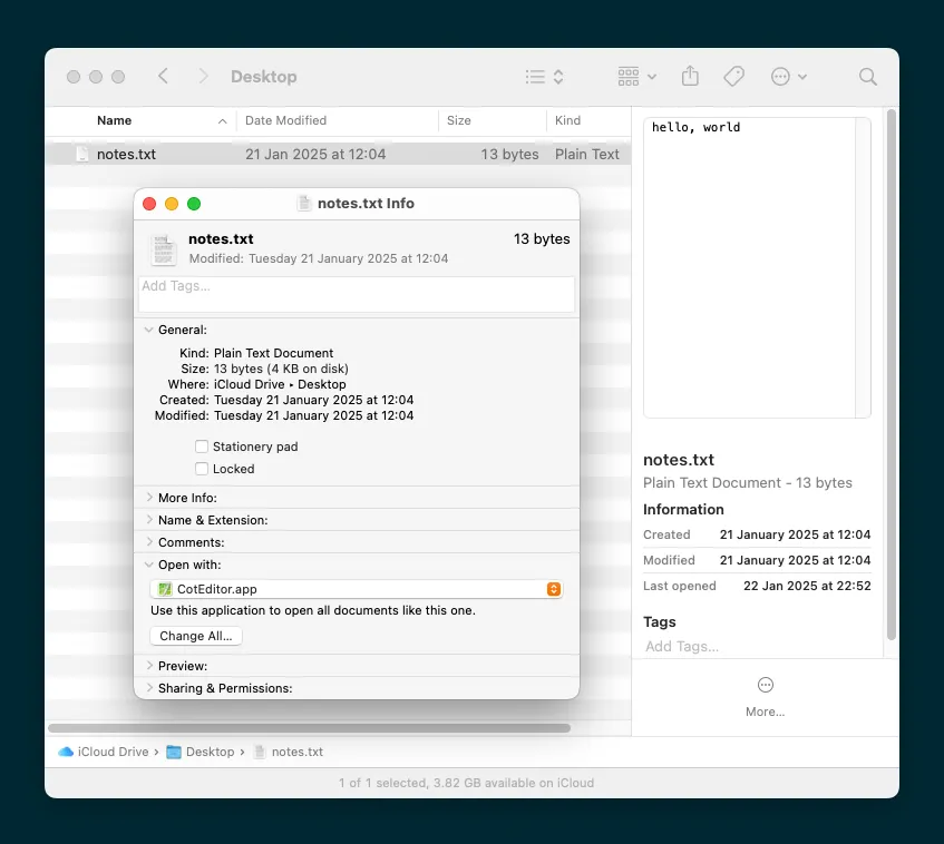 Cửa sổ thông tin file trong Finder cho phép người dùng chọn CotEditor làm ứng dụng mặc định để mở các loại tệp cụ thể.
