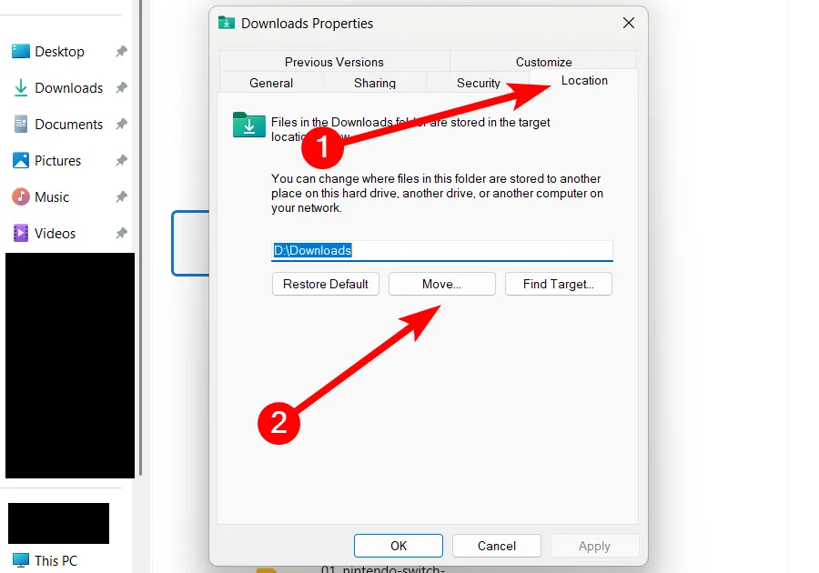 Cửa sổ thuộc tính thư mục trên Windows 11, hiển thị tab &quot;Location&quot; và nút &quot;Move&quot; để thay đổi vị trí lưu trữ