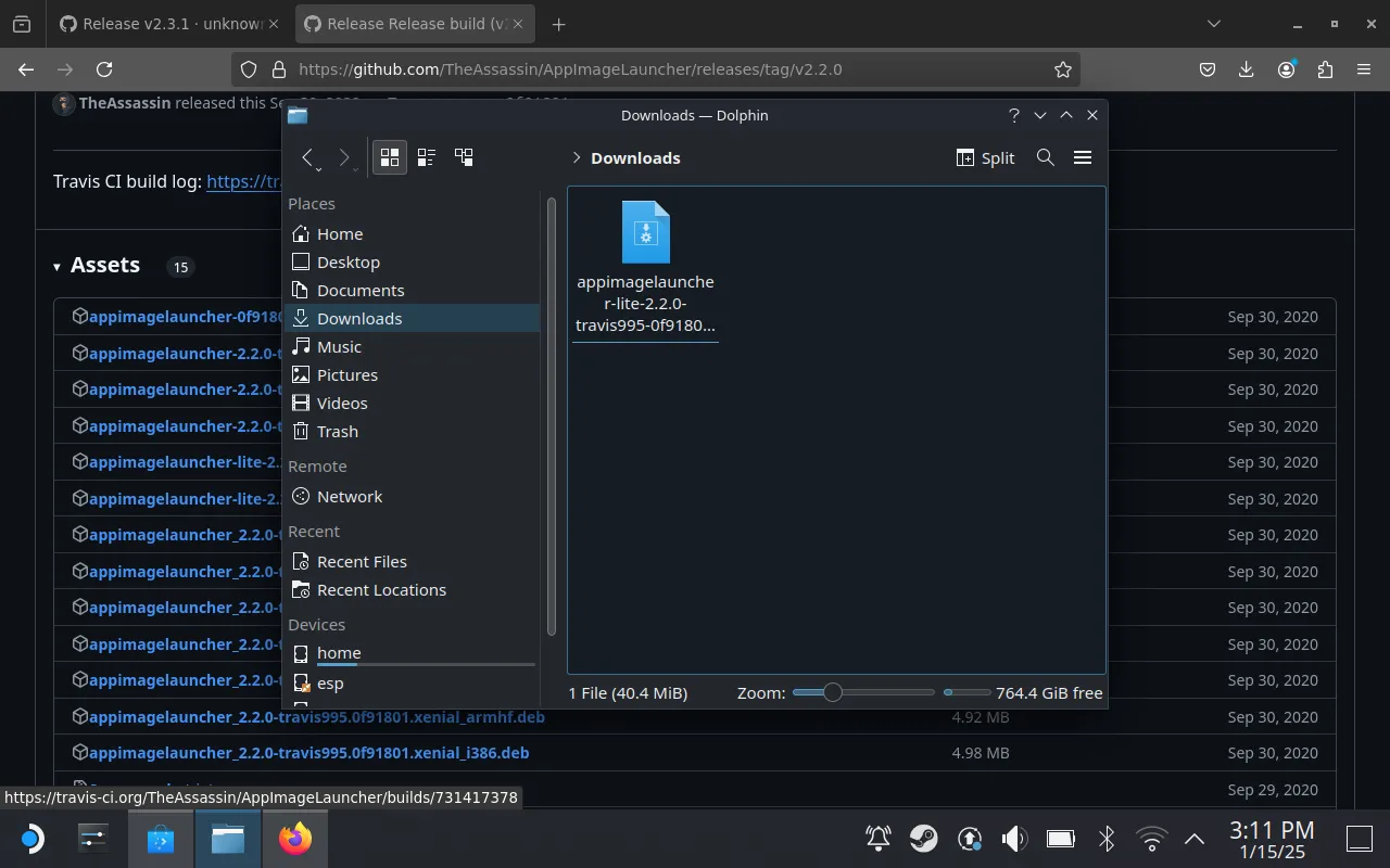 Đang tải xuống AppImageLauncher trên SteamOS.