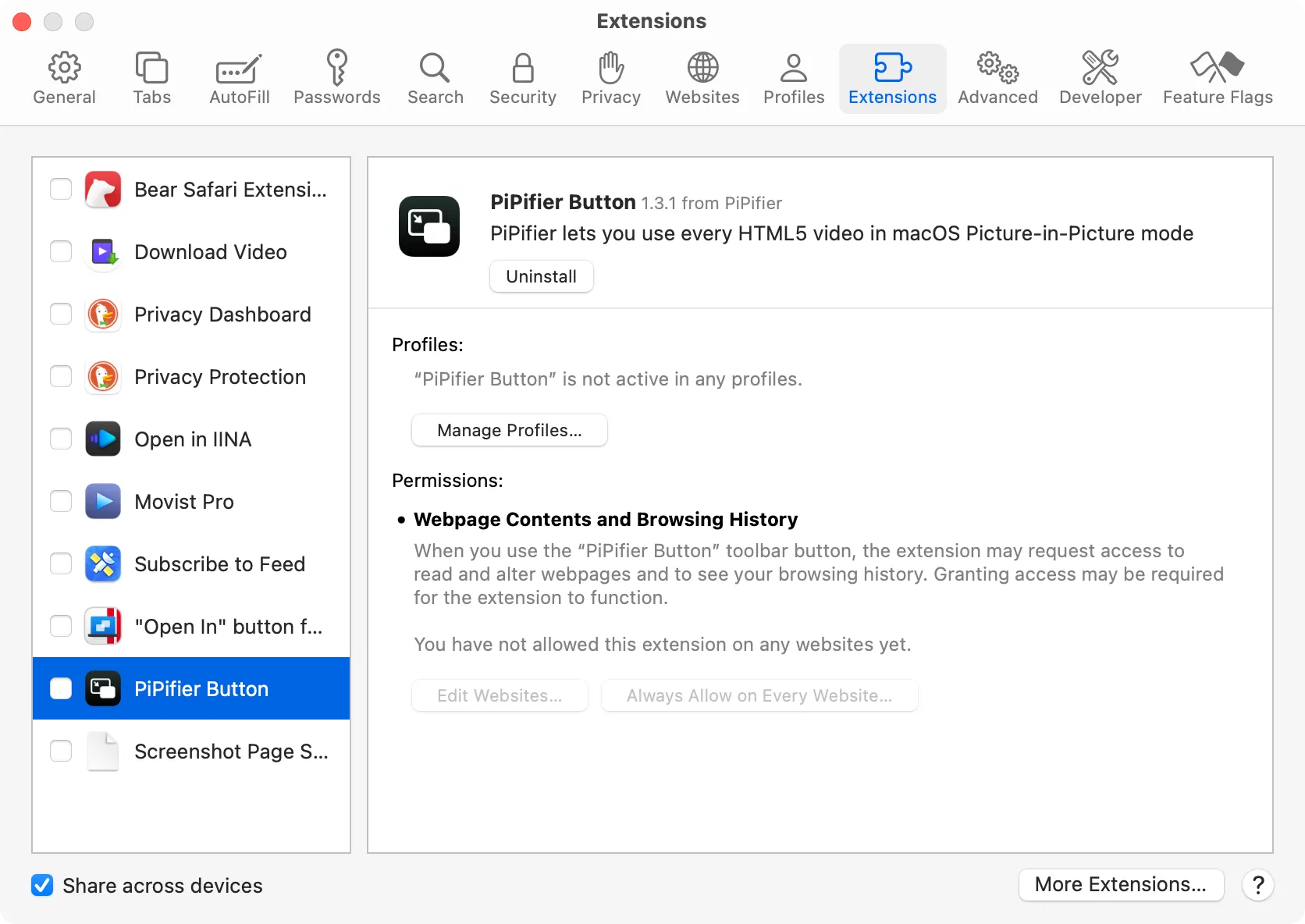 Danh sách các tiện ích mở rộng trình duyệt Safari, với một số tiện ích đang ở trạng thái bị vô hiệu hóa.