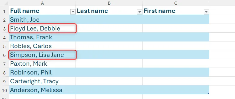 Danh sách tên trong bảng Excel với tên có nhiều hơn một từ được tô sáng