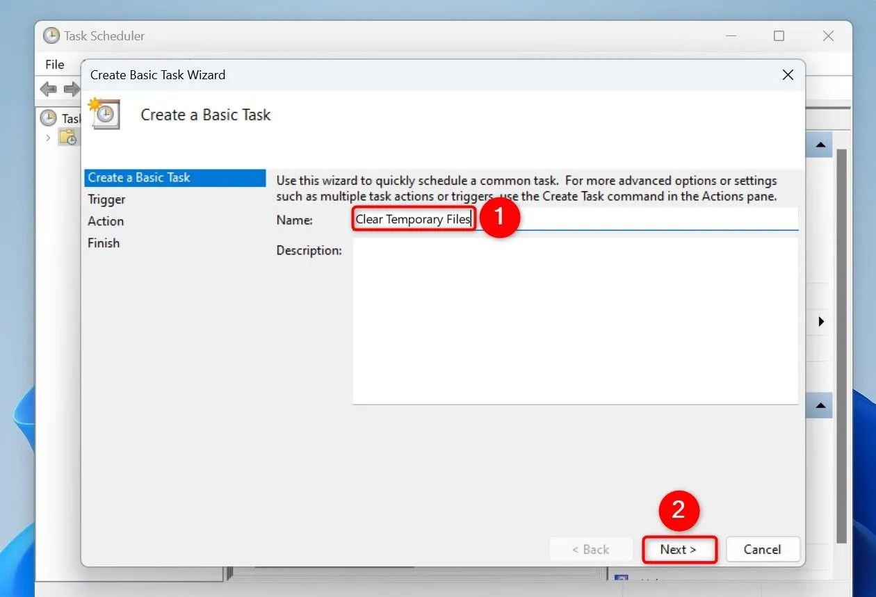Đặt tên tác vụ &quot;Clear Temporary Files&quot; trong Task Scheduler để tự động xóa file rác