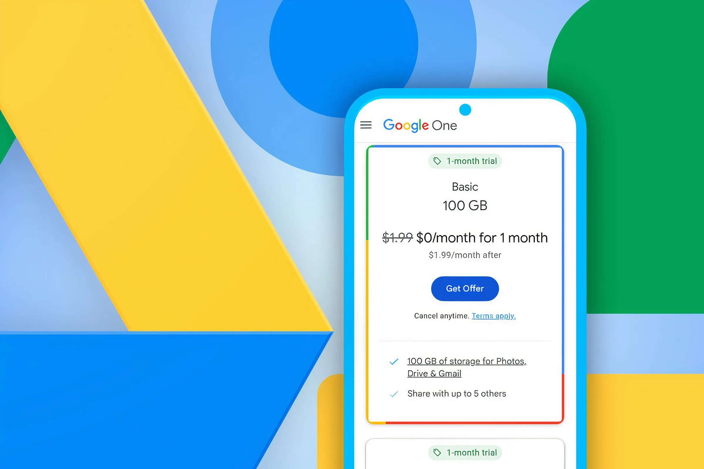 Điện thoại hiển thị các gói dịch vụ lưu trữ của Google Drive, minh họa các lựa chọn dung lượng và tính năng.