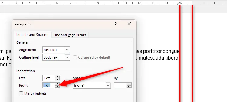 Đoạn văn bản trong Word với lề phải được thụt vào 1cm, tạo khoảng trống rõ rệt ở lề phải