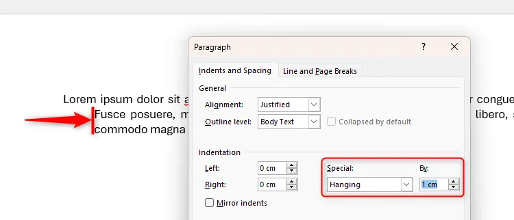 Đoạn văn bản trong Word với tùy chọn &quot;Hanging Indent&quot; (Thụt lề treo) được đặt 1cm, cho thấy tất cả các dòng trừ dòng đầu tiên đều thụt vào