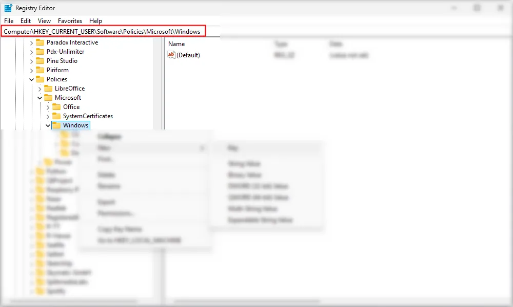 Đường dẫn khóa Registry trong thanh địa chỉ của Registry Editor trên Windows 11.