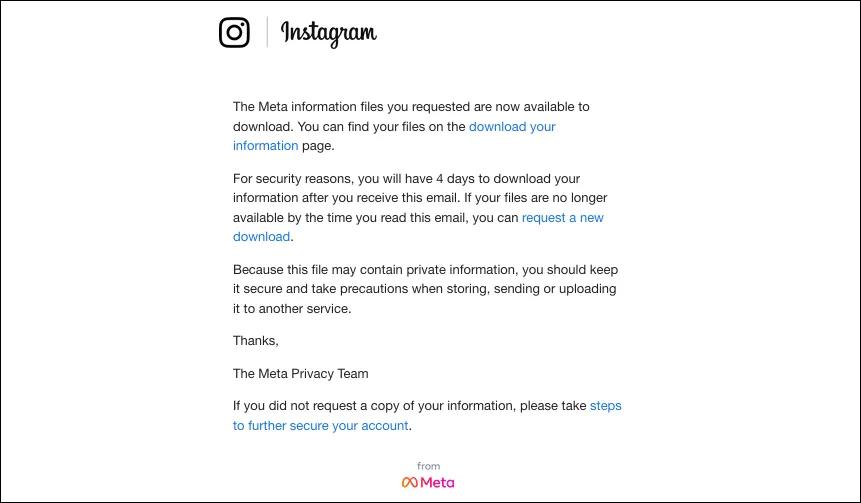 Email thông báo từ Meta xác nhận rằng tệp dữ liệu Instagram đã sẵn sàng để tải xuống, kèm theo liên kết tải về.