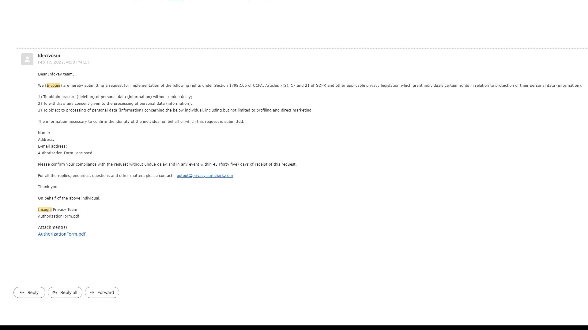 Email từ Incogni thông báo yêu cầu gỡ bỏ thông tin cá nhân đã được gửi đến nhà môi giới dữ liệu