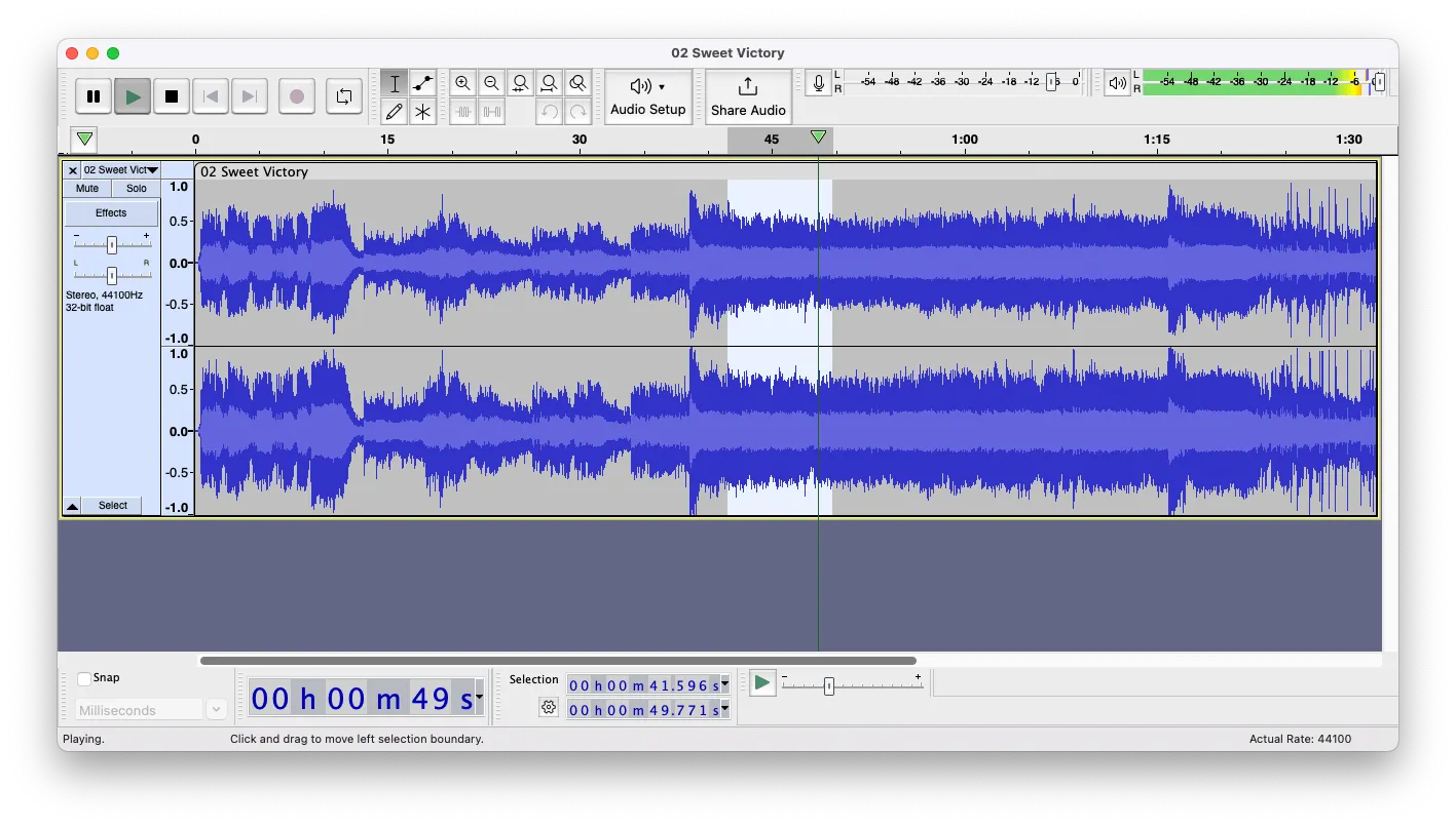 Giao diện Audacity đang hiển thị một bản nhạc với các tùy chọn chỉnh sửa, cho phép người dùng biên tập âm thanh một cách trực quan