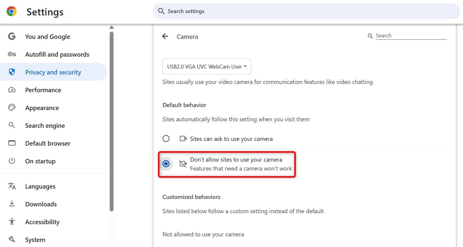 Giao diện cài đặt quyền truy cập camera và micro của các trang web trong trình duyệt Google Chrome