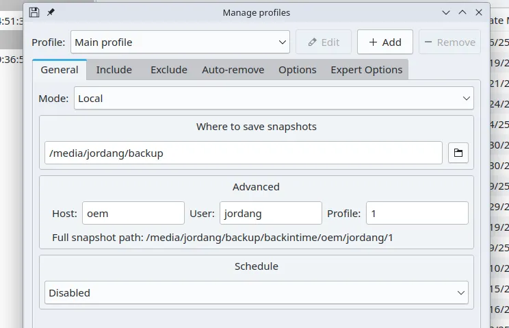 Giao diện cấu hình hồ sơ sao lưu trong Back in Time, hiển thị các tùy chọn chung