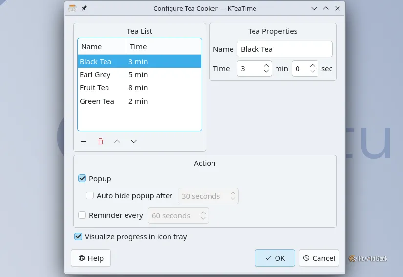 Giao diện cấu hình KTeaTime, cho phép người dùng tùy chỉnh thời gian và loại trà hoặc thêm các cài đặt riêng.