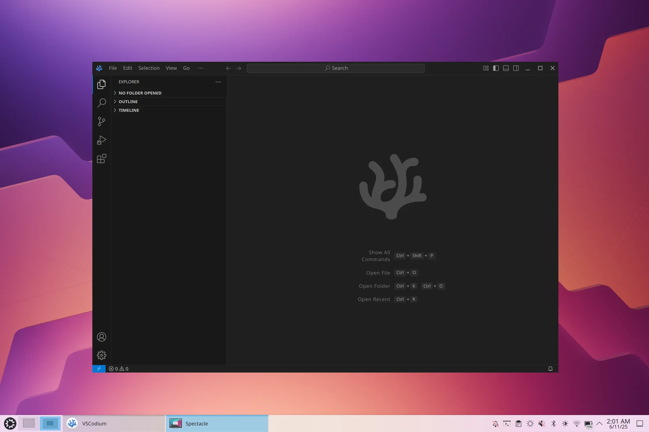 Giao diện chính của VSCodium đang hiển thị một đoạn mã code mẫu, minh họa khả năng chỉnh sửa và quản lý dự án