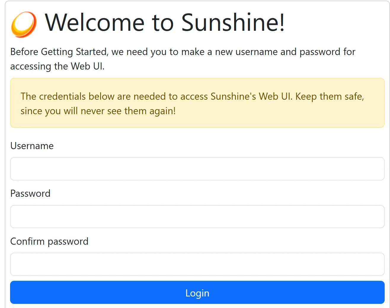 Giao diện đăng nhập Sunshine Web UI yêu cầu nhập tên người dùng và mật khẩu để stream game