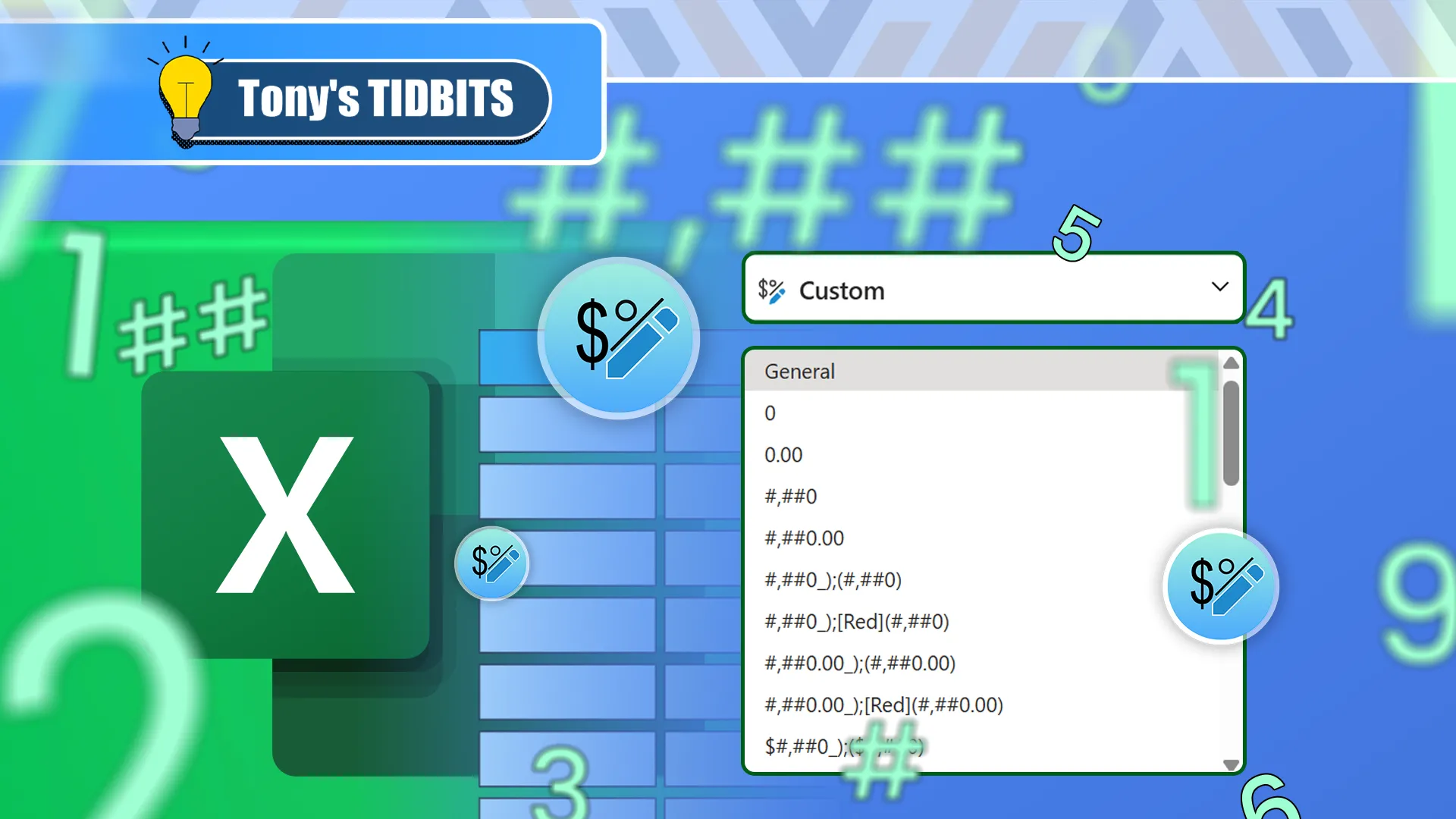 Giao diện Excel làm nổi bật định dạng tùy chỉnh, các con số xung quanh màn hình và logo Excel ở bên trái.