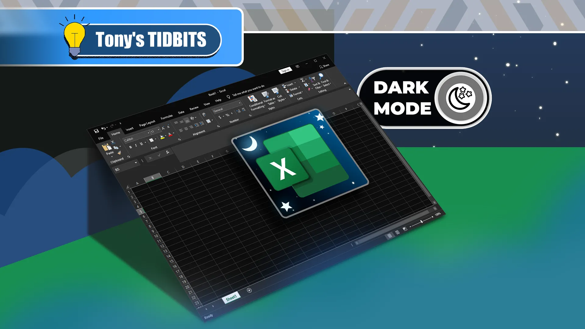 Giao diện Excel ở chế độ tối, biểu tượng Excel ở trung tâm