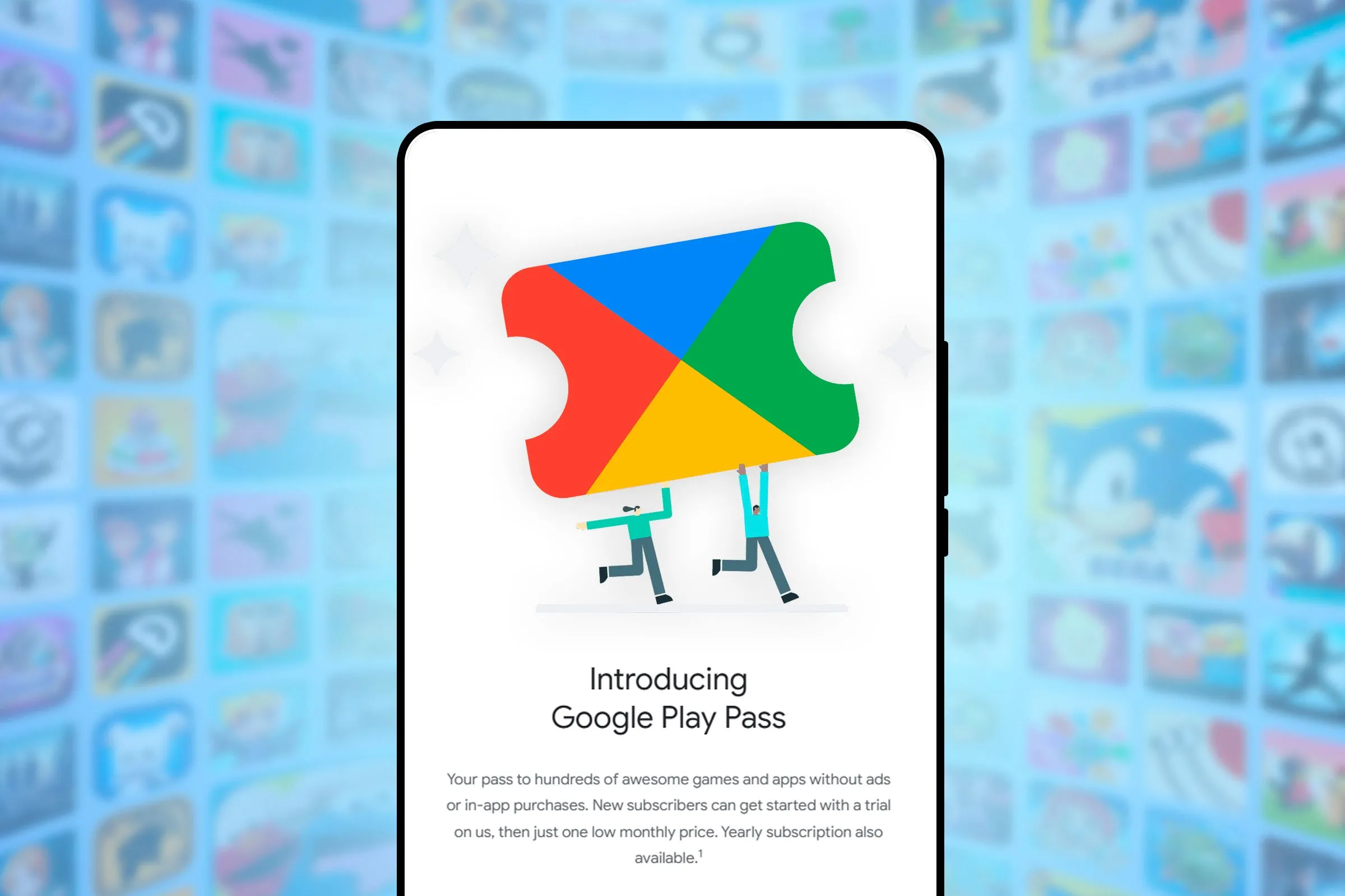 Giao diện Google Play Pass trên màn hình điện thoại, thể hiện khu vực ứng dụng và game được chọn lọc, không quảng cáo.