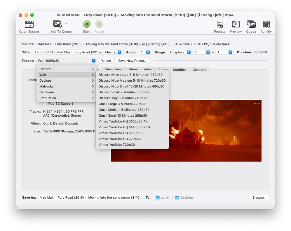 Giao diện HandBrake đang chuyển đổi một tệp video sang định dạng H.265 để tối ưu cho các thiết bị Apple