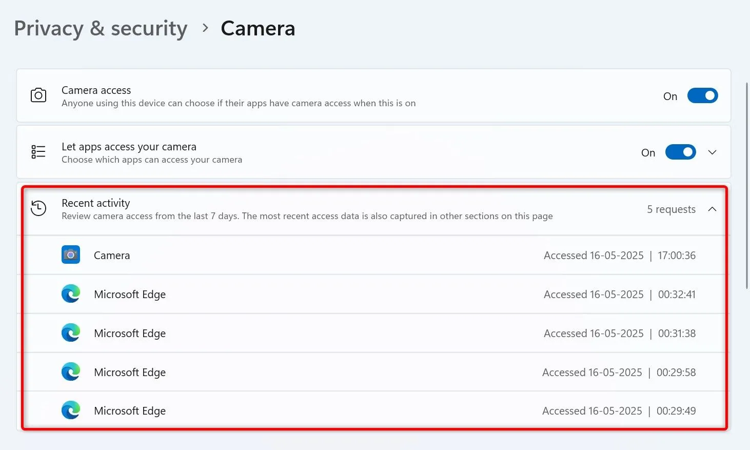 Giao diện Lịch sử hoạt động của Camera và Microphone trong Cài đặt Windows 11, hiển thị thời gian truy cập của ứng dụng