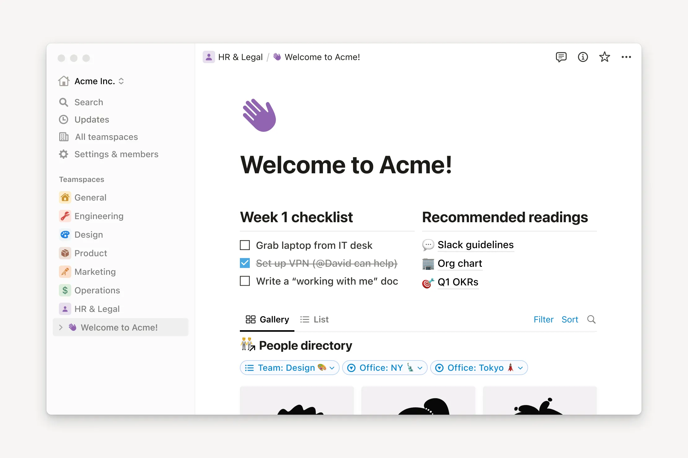 Giao diện Notion hiển thị một trang ghi chú với nội dung đa dạng như danh sách việc cần làm (to-do list) và thư mục thành viên nhóm, minh họa tính linh hoạt của nền tảng