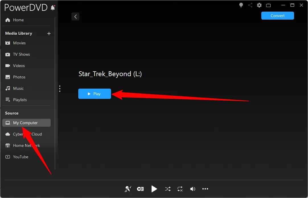 Giao diện phần mềm Cyberlink PowerDVD hiển thị tùy chọn phát đĩa Blu-ray từ ổ đĩa máy tính