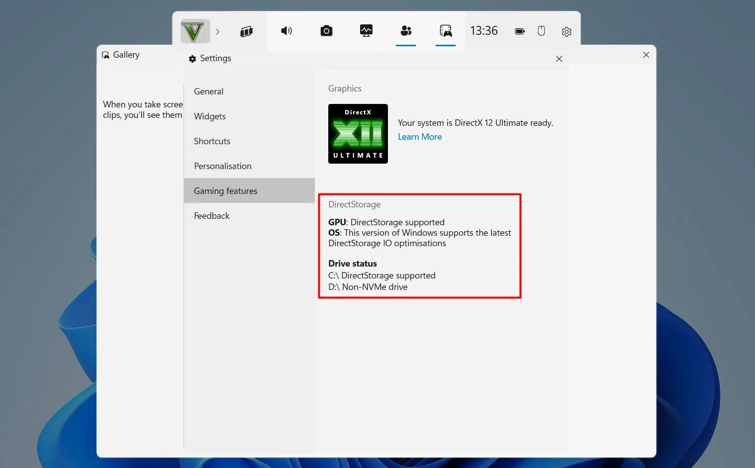 Giao diện phần Tính năng chơi game (Gaming Features) trong ứng dụng Xbox Game Bar trên Windows 11, nơi kiểm tra khả năng tương thích DirectStorage.