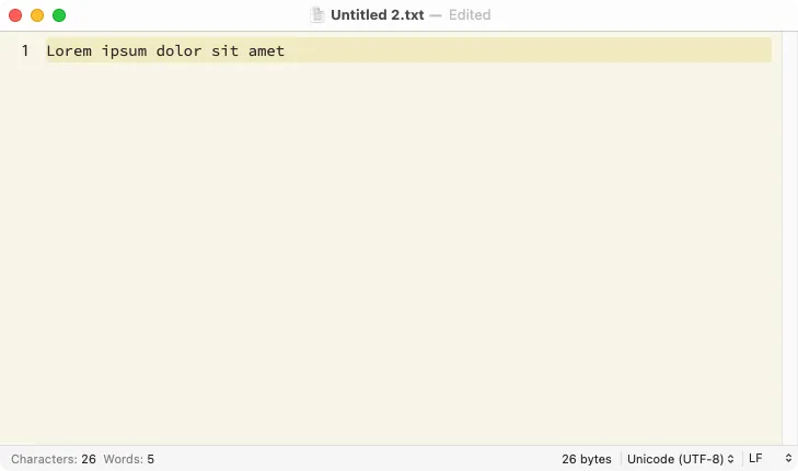 Giao diện trống của CotEditor với một dòng văn bản và nền vàng nhạt, hiển thị số ký tự và từ ở thanh trạng thái.