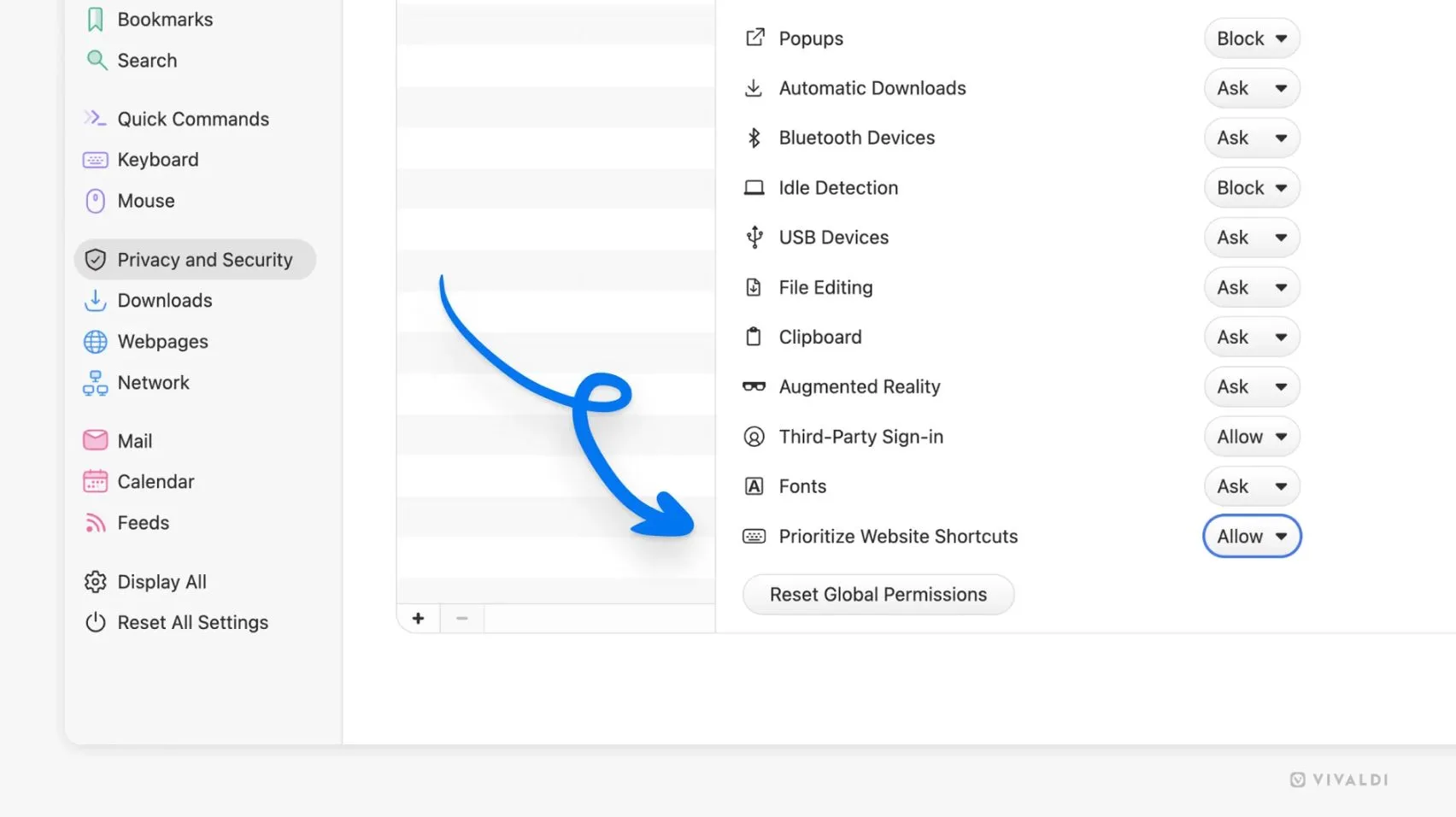 Giao diện tùy chỉnh phím tắt mới của Vivaldi 7.4, cho phép người dùng thiết lập phím tắt riêng cho từng trang web
