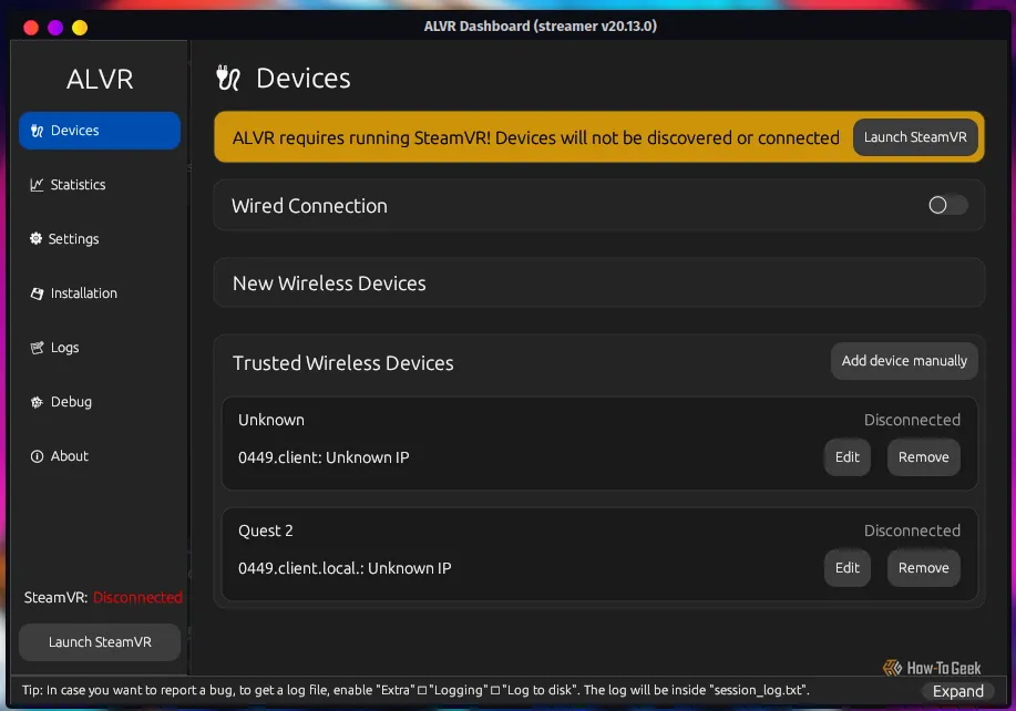 Giao diện ứng dụng ALVR trên Linux, hiển thị các tùy chọn để phát trực tuyến game VR.