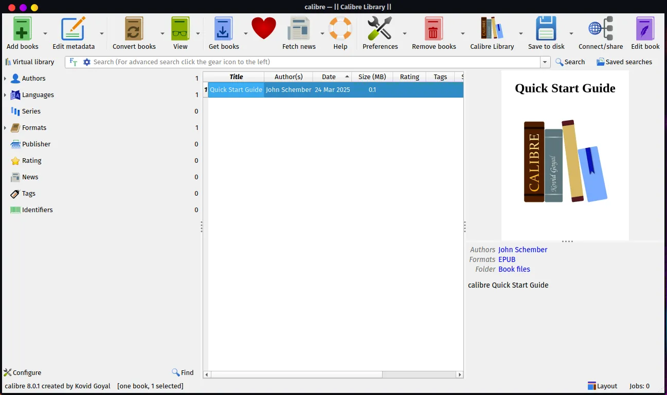 Giao diện ứng dụng quản lý sách điện tử Calibre phiên bản 8.0.1 trên hệ điều hành Linux