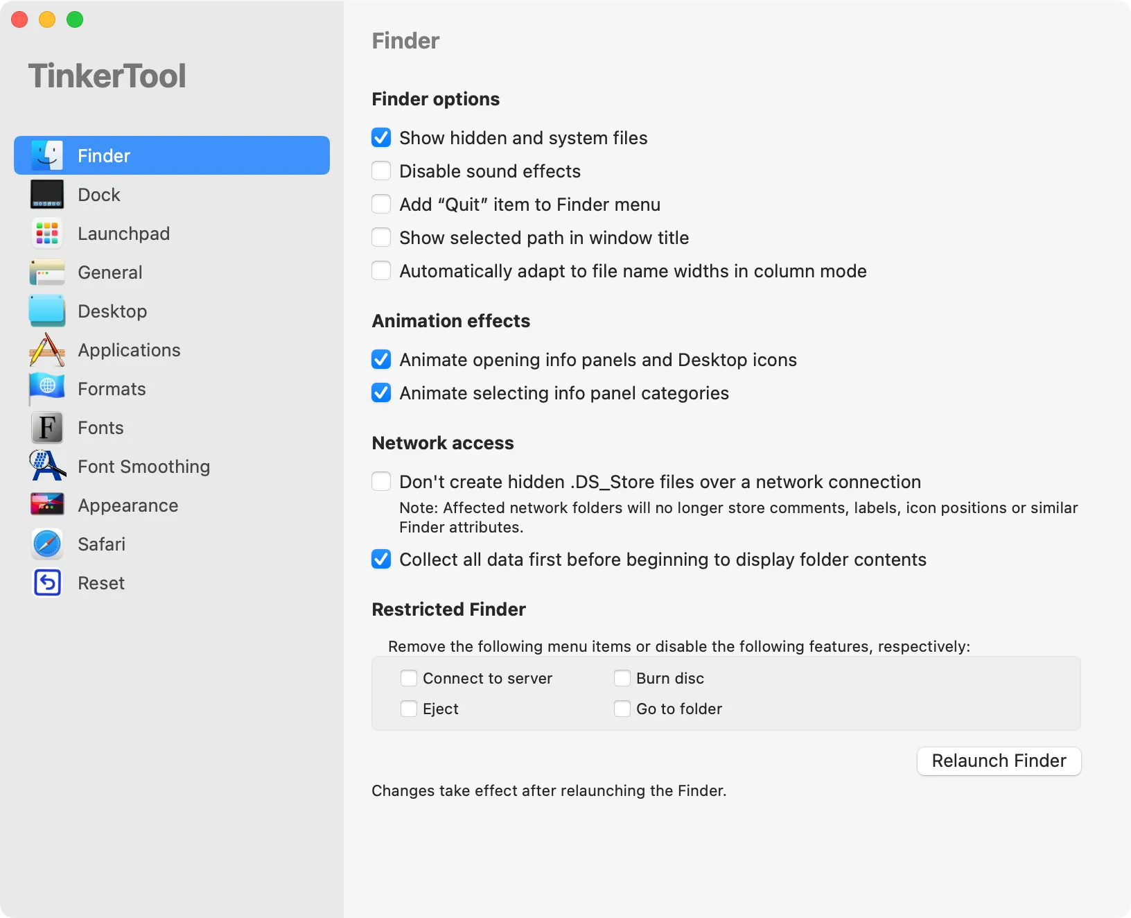 Giao diện ứng dụng TinkerTool cho macOS, cung cấp các tùy chọn tinh chỉnh hệ thống nâng cao.