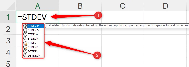 Gõ &quot;=STDEV&quot; vào ô A1 trong Excel để hiển thị danh sách các hàm tính độ lệch chuẩn có sẵn, giúp người dùng chọn lựa phù hợp.