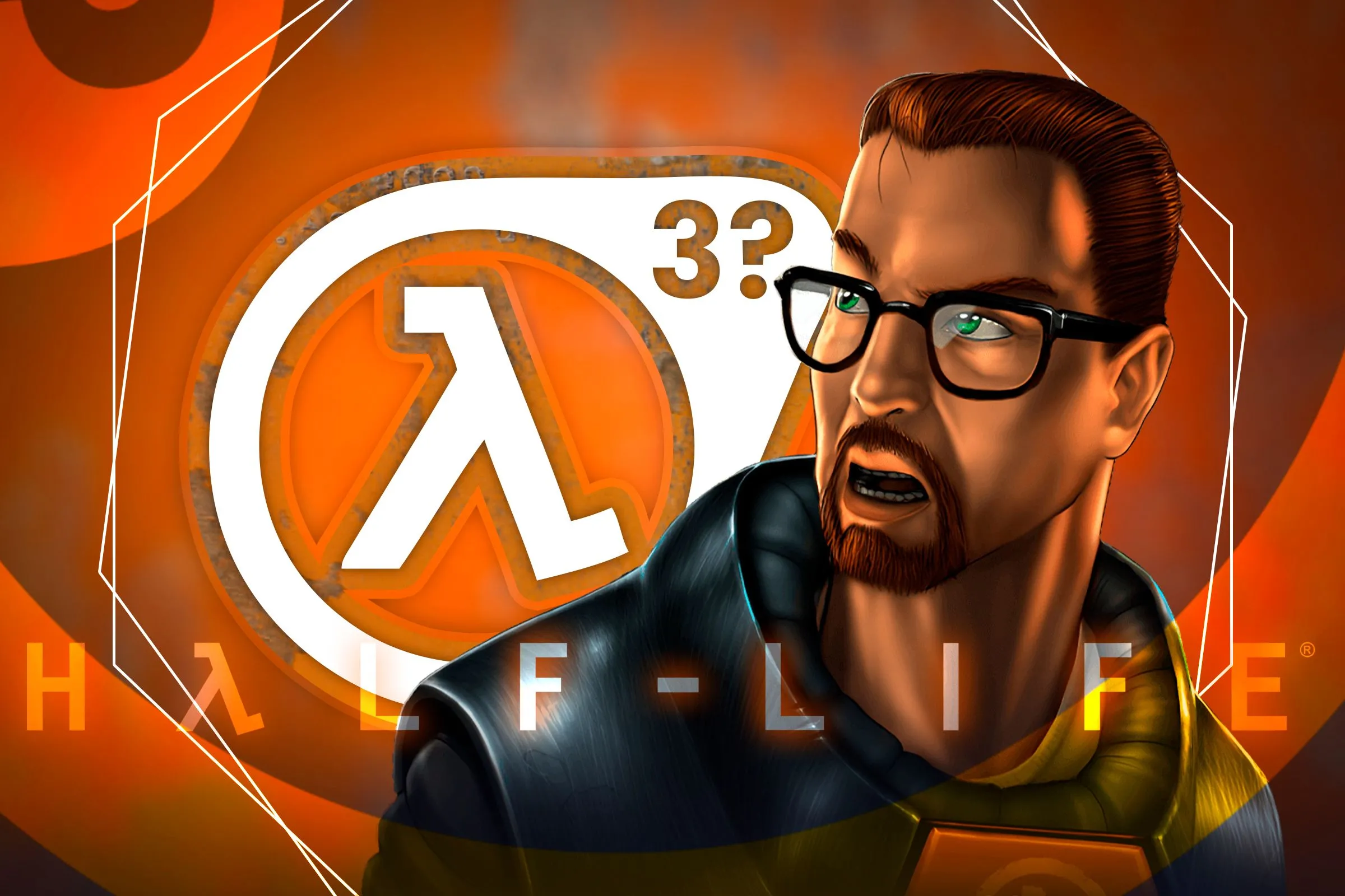 Gordon Freeman từ Half-Life, bên cạnh logo Half-Life 3 tiềm năng