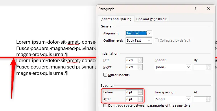 Hai đoạn văn bản trong Microsoft Word không có khoảng cách rõ rệt giữa chúng do &quot;Spacing Before&quot; và &quot;Spacing After&quot; đều bằng 0pt