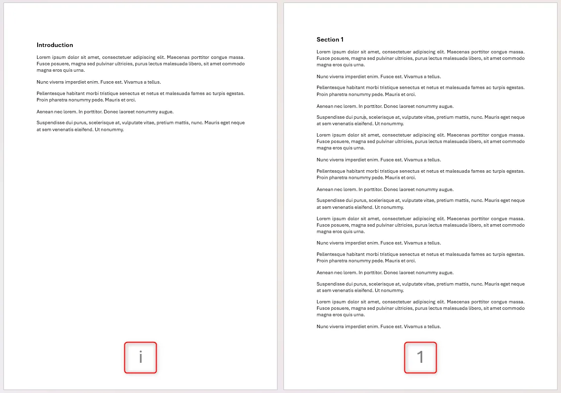 Hai Phần trong Microsoft Word, mỗi phần được đánh số khác nhau.