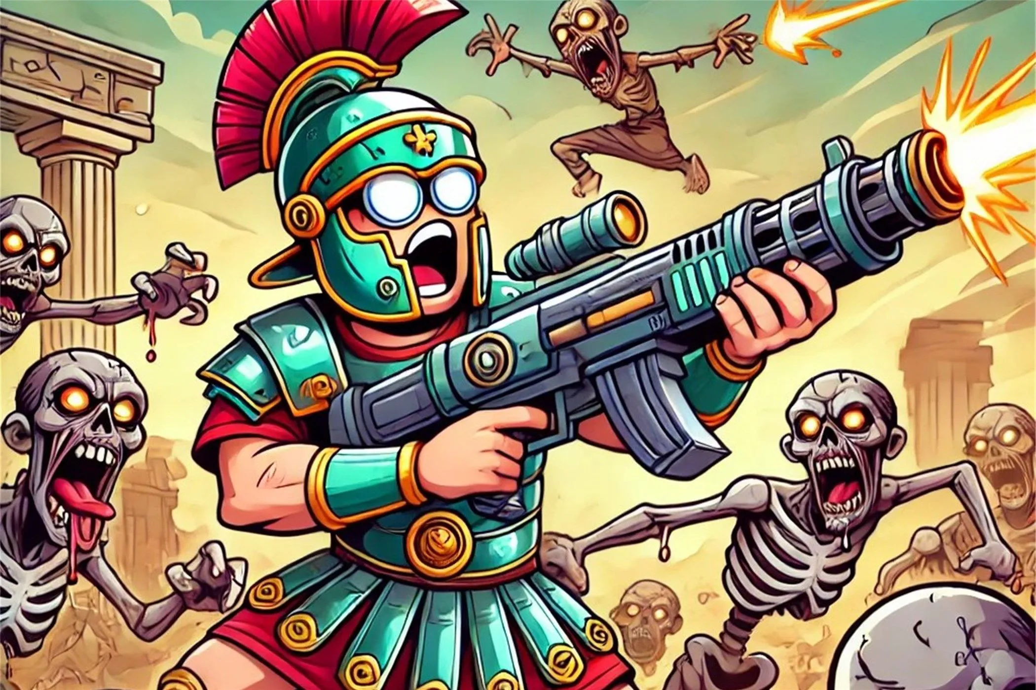 Hình ảnh game di động với binh sĩ La Mã cầm súng máy chiến đấu zombie, minh họa cho nội dung game chất lượng thấp và quảng cáo lừa đảo trên Play Store.