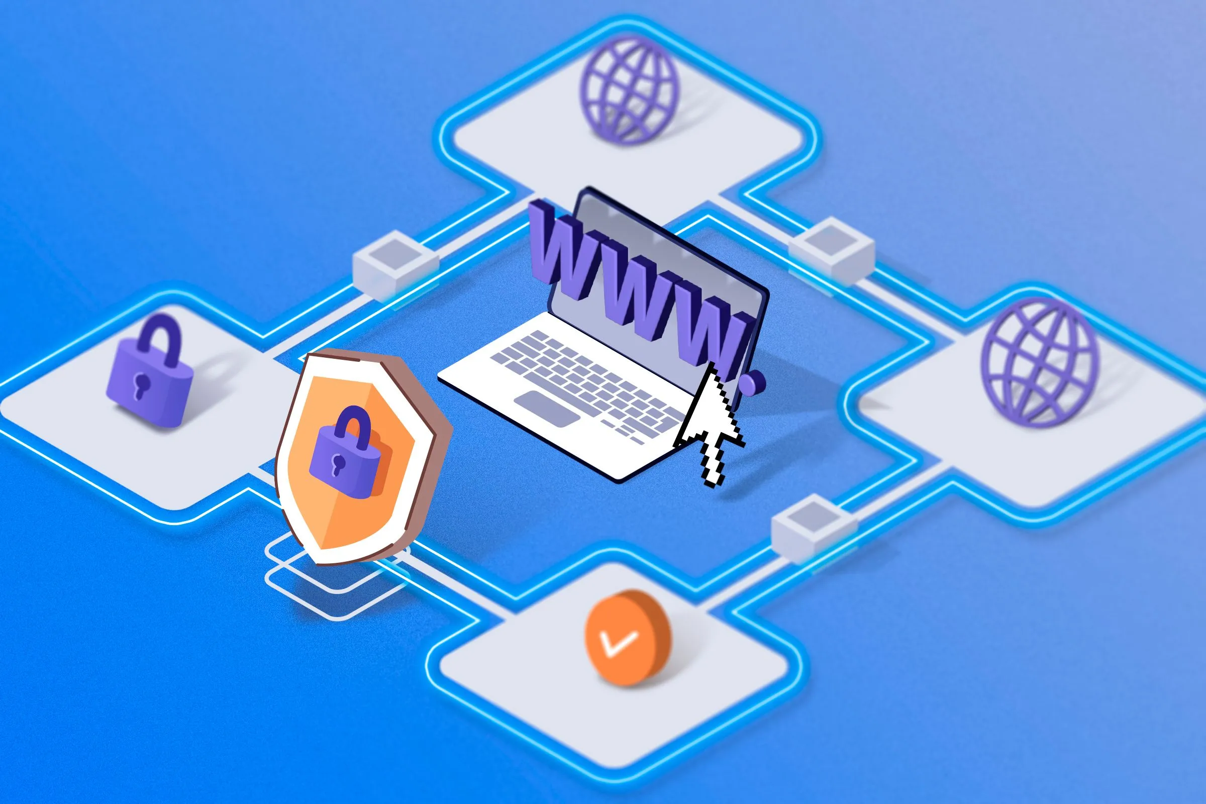 Hình ảnh laptop và các biểu tượng bảo mật, internet minh họa tầm quan trọng của việc kiểm tra URL