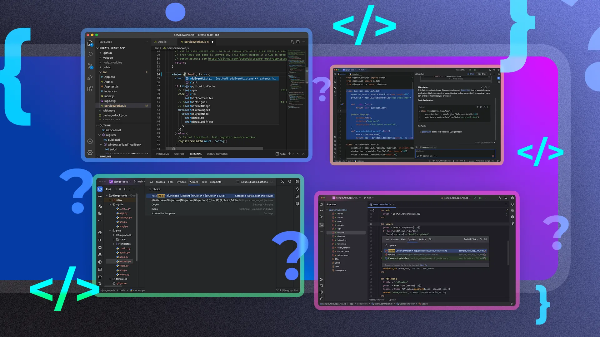 Hình ảnh minh họa các biểu tượng của nhiều môi trường phát triển tích hợp (IDE) khác nhau đặt cạnh nhau, với dấu hỏi xung quanh, tượng trưng cho sự lựa chọn