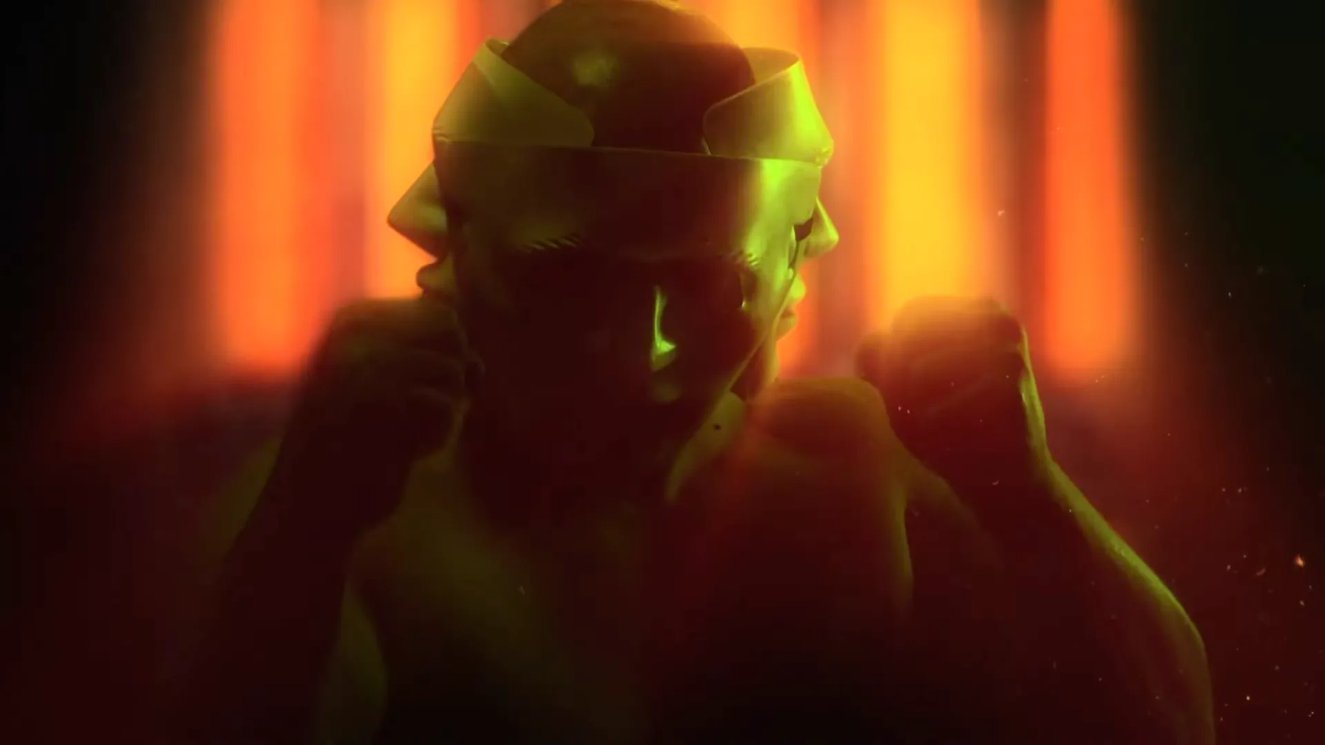 Hình ảnh một nhân vật với mặt nạ nhiều khuôn mặt từ trailer của Path of Fury, tượng trưng cho những đối thủ đầy thách thức trong game boxing võ thuật VR này.