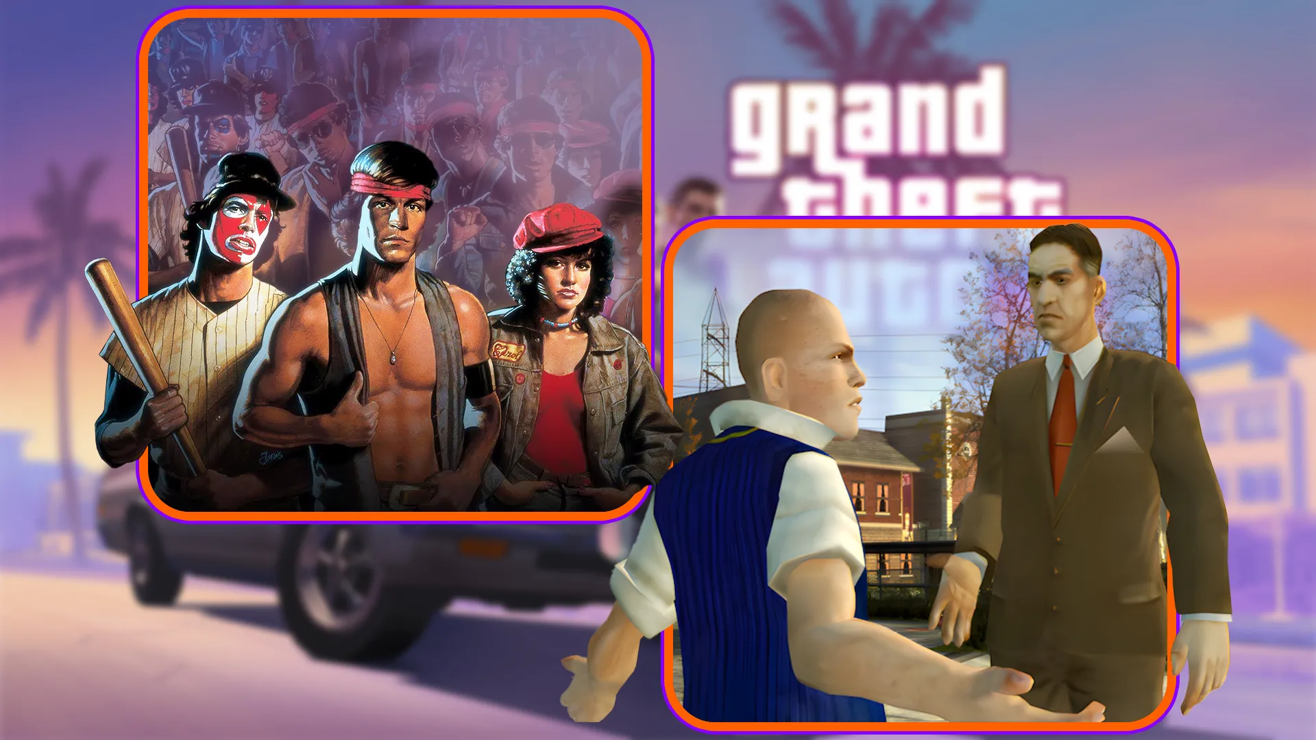 Hình ảnh quảng bá các tựa game kinh điển của Rockstar như The Warriors và Bully, với GTA VI mờ phía sau