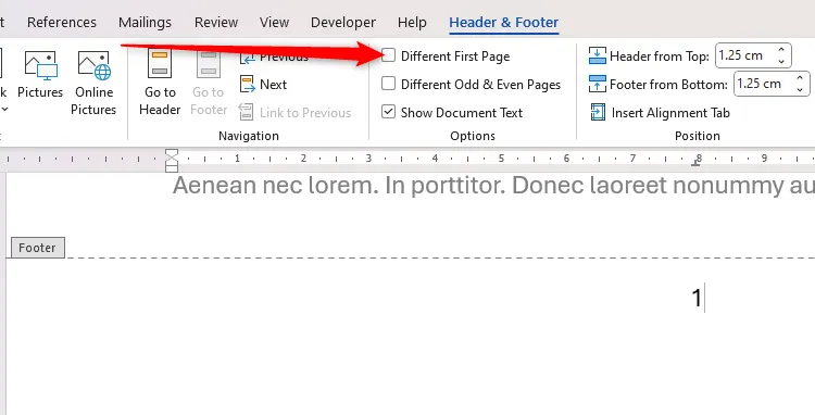 Hộp kiểm Different First Page trong Microsoft Word được tô sáng.