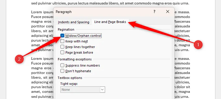 Hộp kiểm &quot;Widow/Orphan Control&quot; được chọn trong tab &quot;Line And Page Breaks&quot; của hộp thoại Paragraph trong Microsoft Word