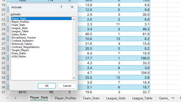 Hộp thoại &quot;Activate&quot; trong Excel hiển thị danh sách tất cả các trang tính để dễ dàng điều hướng.