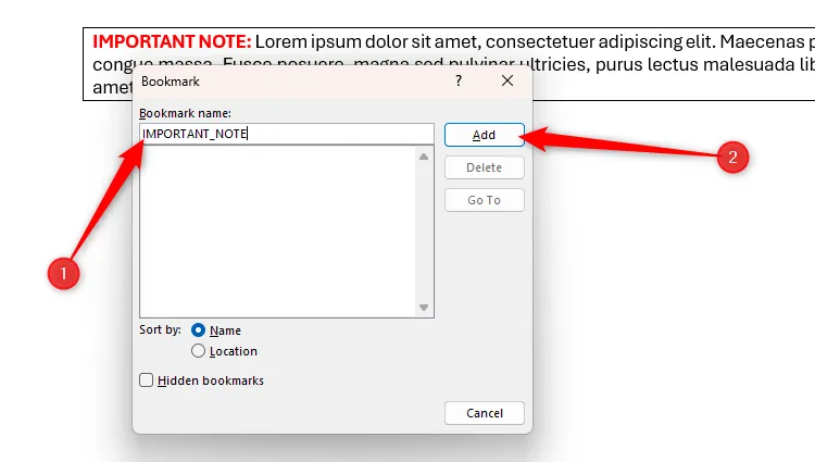 Hộp thoại Bookmark của Microsoft Word với dấu trang hiện tại được đặt tên là important-note và nút Add được chọn.