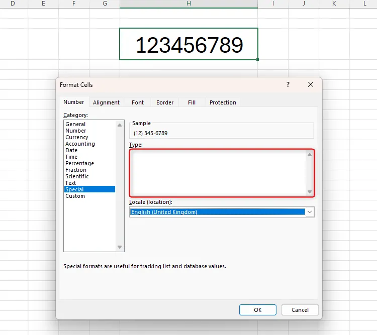 Hộp thoại Format Cells cho thấy không có tùy chọn Special cho Vương quốc Anh