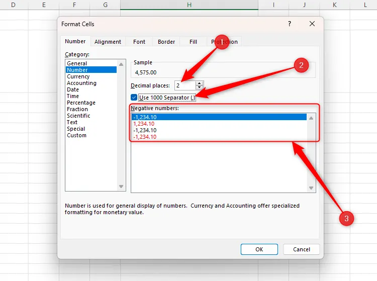 Hộp thoại Format Cells hiển thị các tùy chọn tùy chỉnh định dạng Number trong Excel