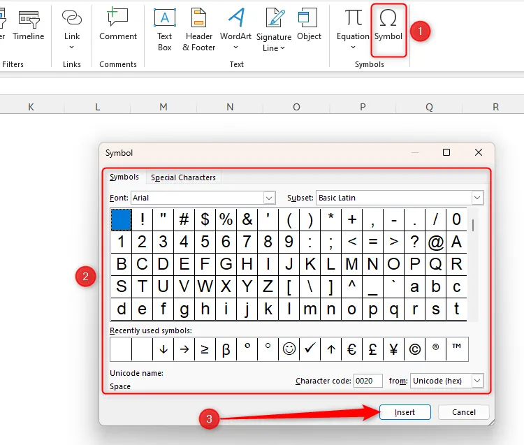 Hộp thoại Symbol trong Microsoft Excel, nơi người dùng có thể chọn và chèn các ký hiệu đặc biệt.
