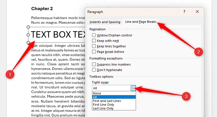 Hộp văn bản được chọn trong Microsoft Word, với các tùy chọn &quot;Tight Wrap&quot; (Ngắt dòng sát) trong hộp thoại Paragraph được mở rộng