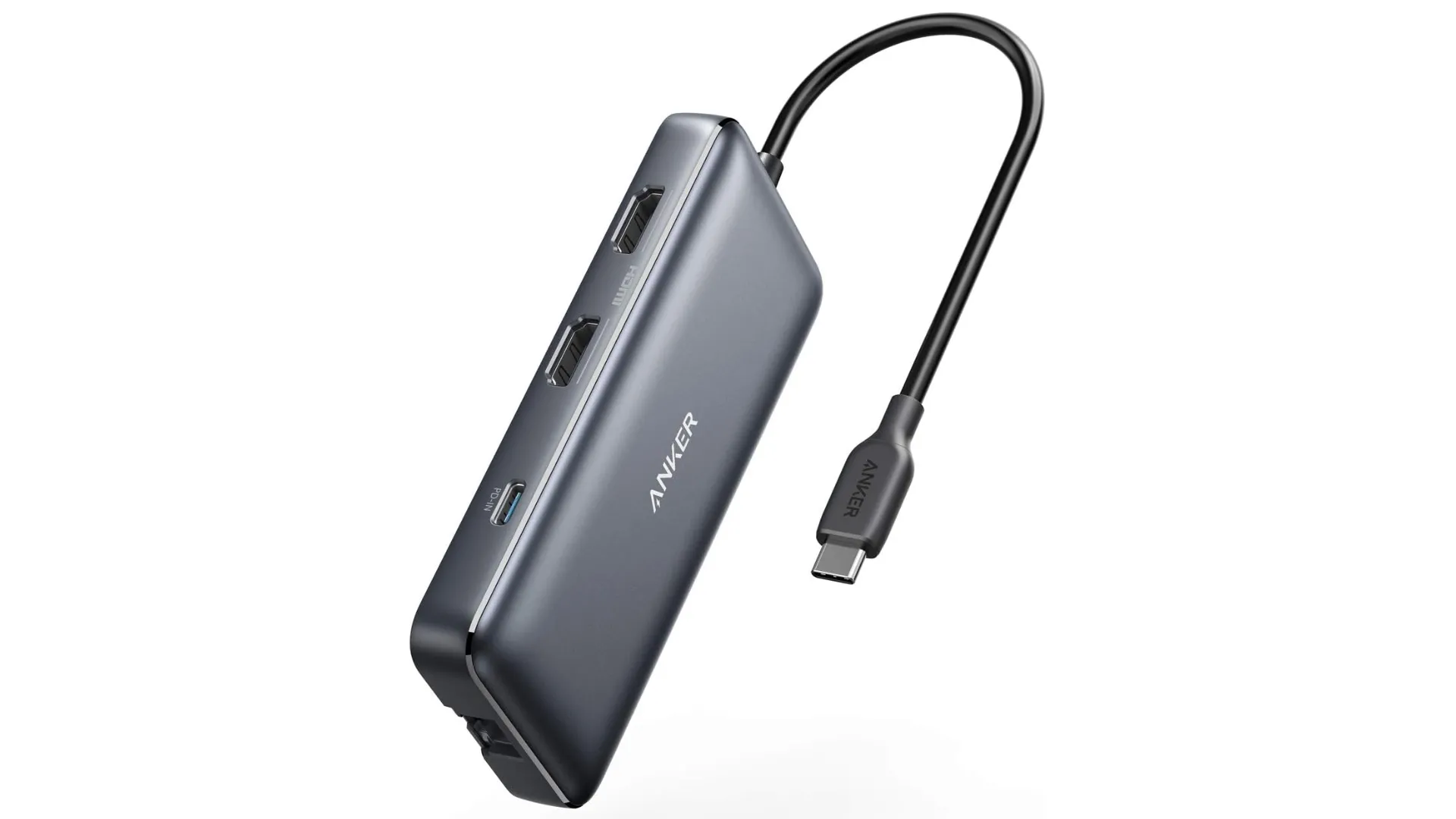 Hub USB-C Anker đa cổng với các cổng HDMI, USB-C PD, USB-A và khe đọc thẻ, mở rộng khả năng kết nối cho MacBook.